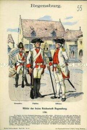 Uniformdarstellung, Grenadier, Füsilier und Offizier der Infanterie, Reichsstadt Regensburg, 1785.