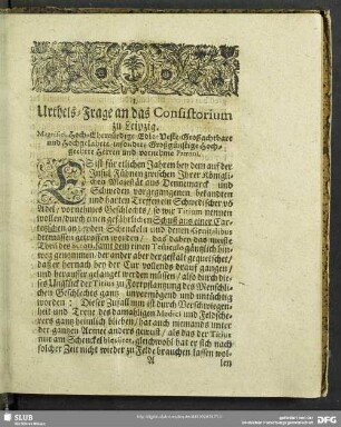 I. Urthels-Frage an das Consistorium zu Leipzig