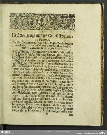I. Urthels-Frage an das Consistorium zu Leipzig