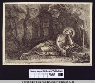 Die Heilige Maria Magdalena vor einem Höhleneingang liegend.