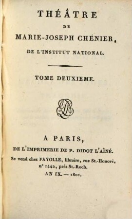 Théâtre de Marie-Joseph Chénier : de l'Institut National, 2