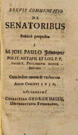 Brevis Commentatio De Senatoribus