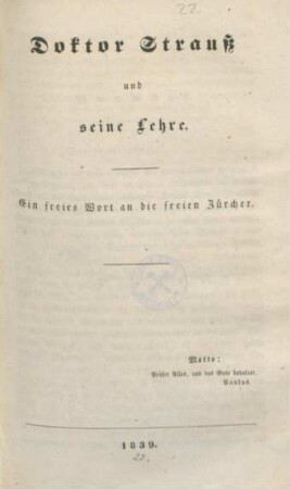 Doktor Strauß und seine Lehre : ein freies Wort an die freien Zürcher