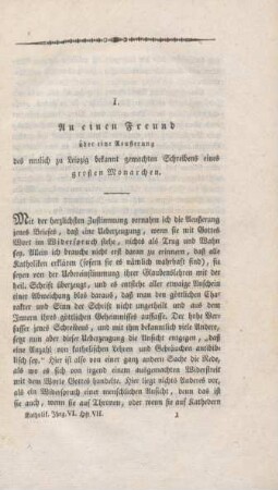 1-22 An einen Freund über eine Aueßerung des neulich zu Leipzig bekannt gemachten Schreibens eines großen Monarchen
