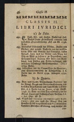 46-78, Classis II. Libri Iuridici - Classis III. Libri Medici et Chymici; ...