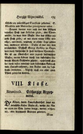 VIII. Klasse. Bituminosa. Erdharzige Arzneymittel.
