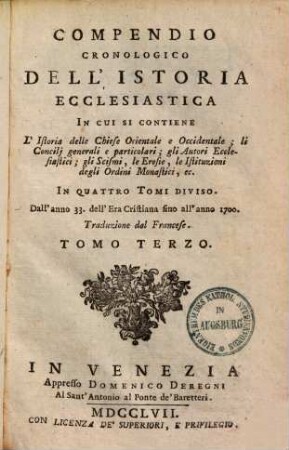 Copmendio cronologico dell'istoria ecclesiastica ... 33 - 1700. 3