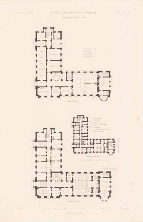 Botanisches Institut der Kaiser-Wilhelms-Universität Straßburg: Grundriss Keller, EG, 1.OG (aus: Atlas zur Zeitschrift für Bauwesen, hrsg. v. F. Endell, Jg. 37, 1887)