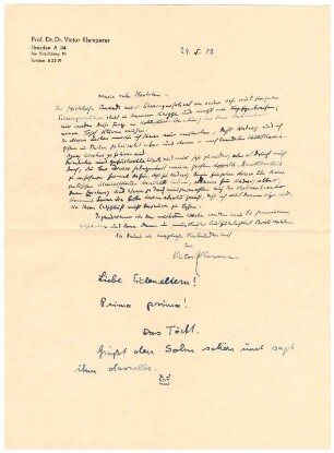 Brief von Victor Klemperer an seine Schwiegereltern mit Grußzeilen von Hadwig Klemperer an die Eltern und den Bruder (einen Tag nach der Eheschließung). Dresden, 24. Mai 1952. Handschriften; 29,5 x 20,8 cm. Dresden: SLUB, Nachlaß Hadwig Klemperer