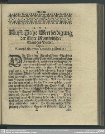 Cap. I. Warumb die Formula Concordiae geschrieben?