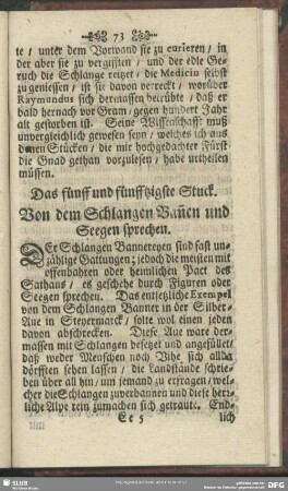 Das fünff und fünfftzigste Stuck. Von dem Schlangen und Ban[n]en und Seegen sprechen