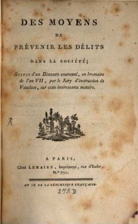 Des moyens de prévenir les Délits dans la Société
