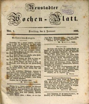 Neustadter Wochenblatt : Organ zur volksthümlichen Besprechung der Tages-Ereignisse, zur Unterhaltung, sowie zur Veröffentlichung von Anzeigen etc.. 1836