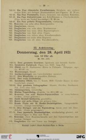 III. Auktionstag: Donnerstag, den 28. April 1921 (949-1408)