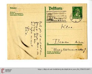 Familienkorrespondenz Klee: Postkarte von Felix Klee an Lily Klee und Paul Klee