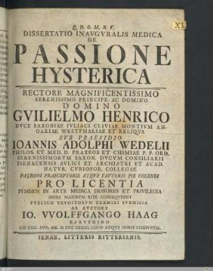 Dissertatio Inavgvralis Medica De Passione Hysterica