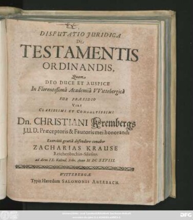 Disputatio Iuridica De Testamentis Ordinandis