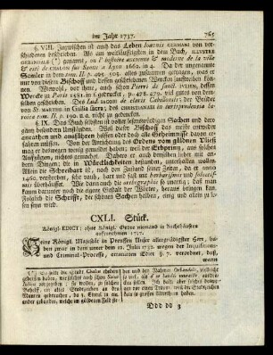 CXLI. Stück. Königl: EDICT; ohne Königl. Ordre niemand in Zuchthäusern aufzunehmen 1737.