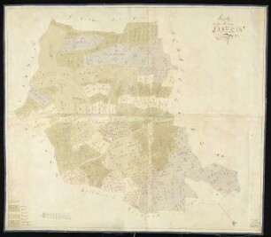 Lindlein (Kr. Crailsheim); "Markung"; Geometer Schaible; 100 Ruten = 12,6 cm; 113,5 x 99 cm; Norden oben links; Papier auf Leinwand; Federzeichnung; Fluren, Wald, Häuser in Wasserfarben; Feld- und Waldstücke nummeriert mit Meßgehalt; links unten Beschreibung der Farben.