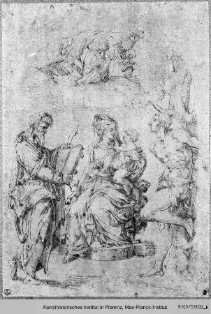 Entwurf für Madonna mit Kind und den Heiligen Sebastian und Bartolomaeus sowie Gottvater
