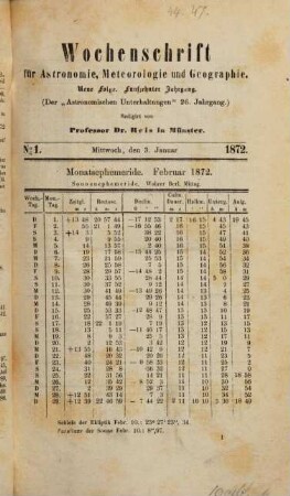 Wochenschrift für Astronomie, Meteorologie und Geographie. 15, 15 = Jg. 26 des Gesamtw. 1872