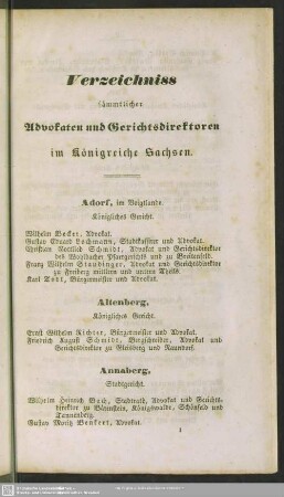 [Advokaten und Gerichtsdirektoren im Königreiche Sachsen] Adorf - Augustusburg