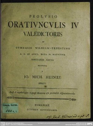 Prolusio Oratiunculis IV Valedictoriis In Gymnasio Wilhelm-Ernestino A. D. XV April. Hora IX Matutina Invitandi Causa