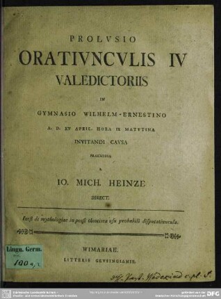 Prolusio Oratiunculis IV Valedictoriis In Gymnasio Wilhelm-Ernestino A. D. XV April. Hora IX Matutina Invitandi Causa