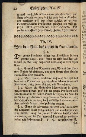 22-37, Tit. IV. Von dem Amt des zweyten Praesidenten.; Tit VI. Von dem Amt derer Cammer-Gerichts-Räthe.