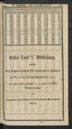 Erster Tafel V. Abtheilung. welche die Logarithmen der gemeinen Zahlen von No. 2705. bis eingeschlossen No. 3000. ... anzeiget, ...