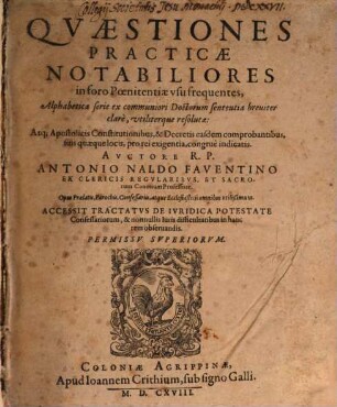 Quaestiones practicae notabiliores in foro poenitentiae usu frequentes