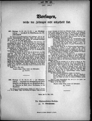 Anlage: ad No.49 (287-288), Vorlagen, welche den Zeitungen nicht mitgeteilt sind