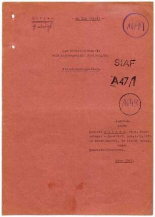 Angeklagte: Scherzinger, Bernhardine Anna (Bäuerin); Urach *04.05.1893 in Urach; + ? Dorer, Hermann Johann (Landwirt; Linach *15.06.1902 in Urach; + ? Dotter, Leopold (Hausmetzger); Linach *04.10.1875 in Urach; + ? Heine, Albin (Wegwart); Linach *15.06.1902 in Urach; + ? Delikt: Verbrechen gegen die Kriegswirtschaftsverordnung Schwarzschlachtung Tatort: Urach Tatzeit: Winter 1941-Juli 1943