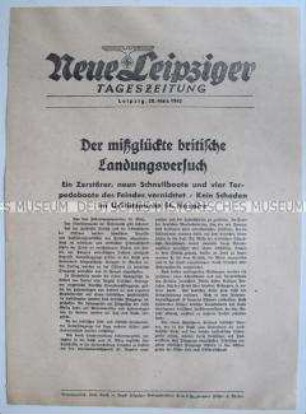 Extrablatt der "Neuen Leipziger Tageszeitung" zu einem gescheiterten britischen Angriff auf den deutschen U-Boot-Stützpunkt bei St. Nazaire