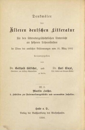 Martin Luther ausgewählt, bearbeitet und erläutert von Richard Neubauer : [Ausgewählte Schriften.] Mit einem Holzschn. nach Lukas Cranach, 1