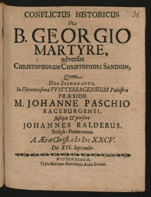 Conflictus Historicus De B. Georgio Martyre, adversus Christophorum Christophori Sandium