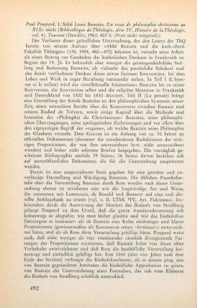 492-493 [Rezension] Poupard, Paul, L' abbé Louis Bautain