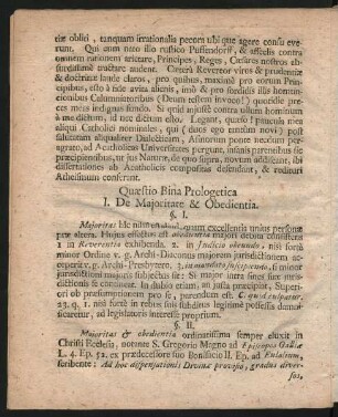 Quaestio Bina Prologetica I. De Maioritate & Obedientia.