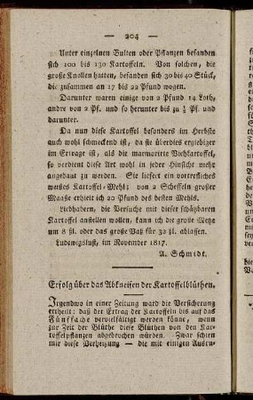 Erfolg über das Abkneifen der Kartoffelblüthen