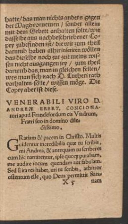 Venerabili Viro D. Andreae Ebert ... Fratri suo in domino dilectissimo.
