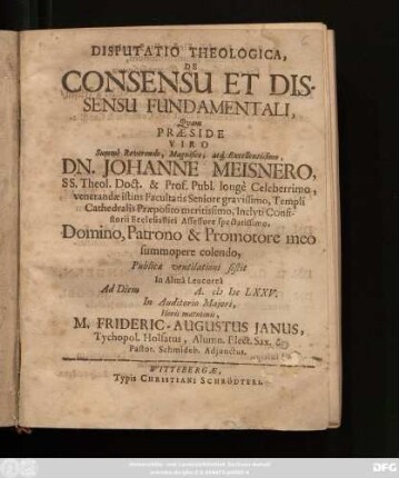 Disputatio Theologica, De Consensu Et Dissensu Fundamentali