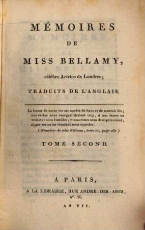 Mémoires De Miss Bellamy, célèbre Actrice de Londres : Traduits De L'Anglais. 2