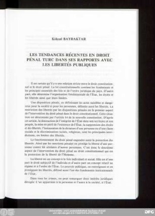 Köksal Bayraktar Les Tendances Récentes En Droit Pénal Turc Dans Ses Rapports Avec Les Libertés Publiques
