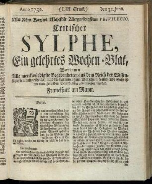 (LIII. Stück.) den 31. Junii. Anno 1752.