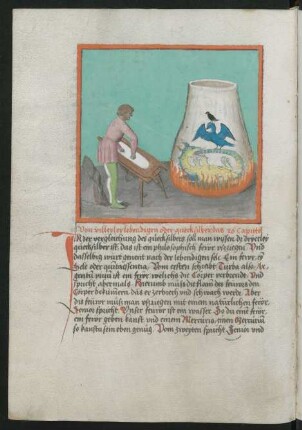 Ouroboros-Adler-Rabe-Ikon im alchemischen Kolben, daneben ein Teig knetender Mann