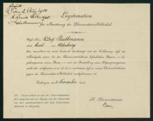 Legitimation für Benützung der Universitäts-Bibliothek