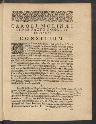 Caroli Molinaei Super Facto Concilii Tridentini Consilium.