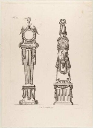 Zwei Standuhren im Louis-seize-Stil, Blatt 2 aus einer Folge von Schreibtischen und Standuhren