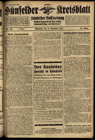 Erste Ausgabe vom Mittwoch, den 15. Dezember 1937.