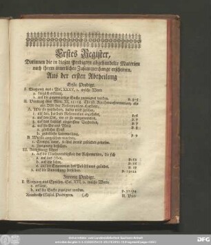 Erstes Register, Darinnen die in diesen Predigten abgehandelte Materien nach ihrem innerlichen Zusammenhange erscheinen.